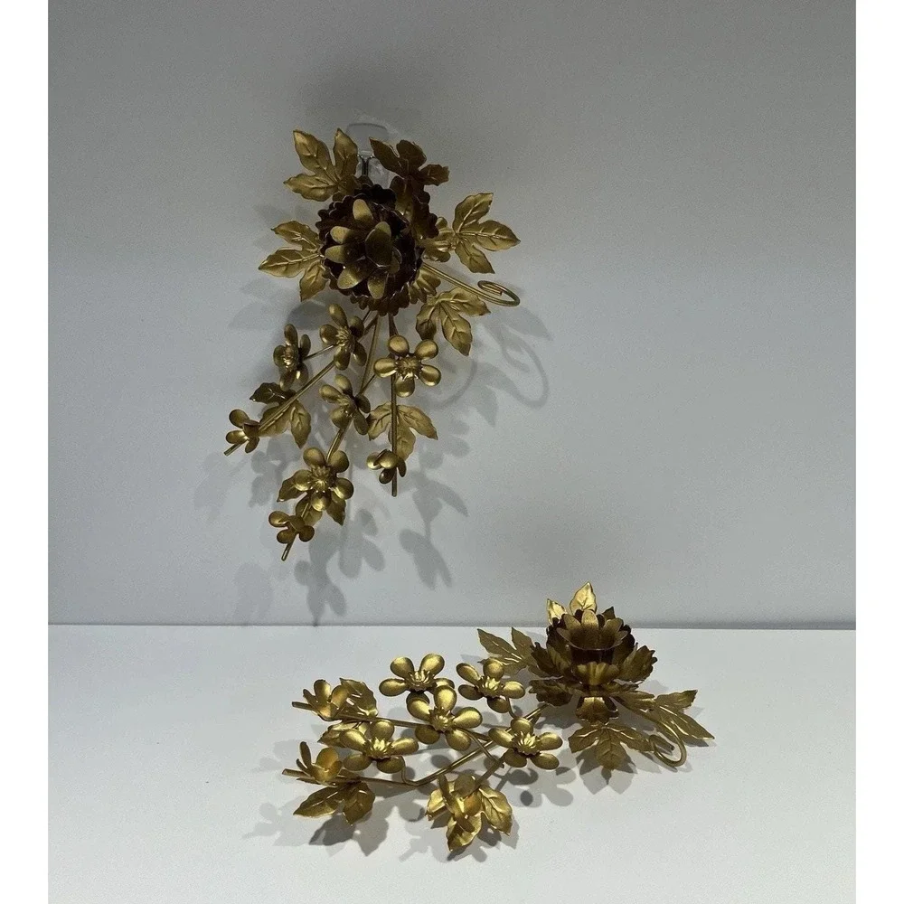Floral gold gilt Metal Candle Holders - Hollywood Regency Set of 2 MCM Retro